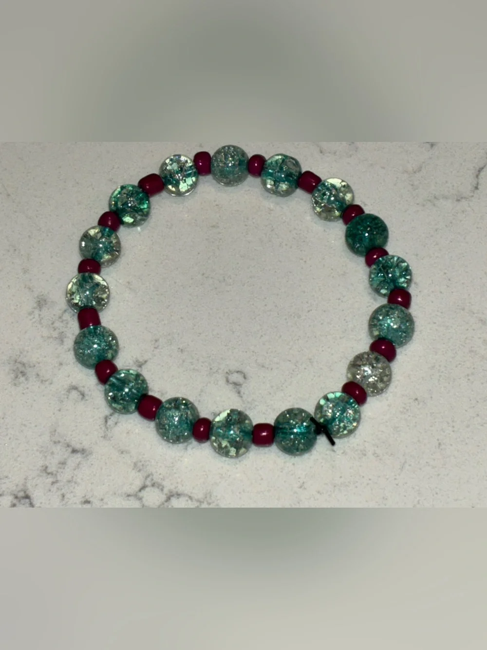 Handmade Glass Bead Bracelet in Teal and Magenta